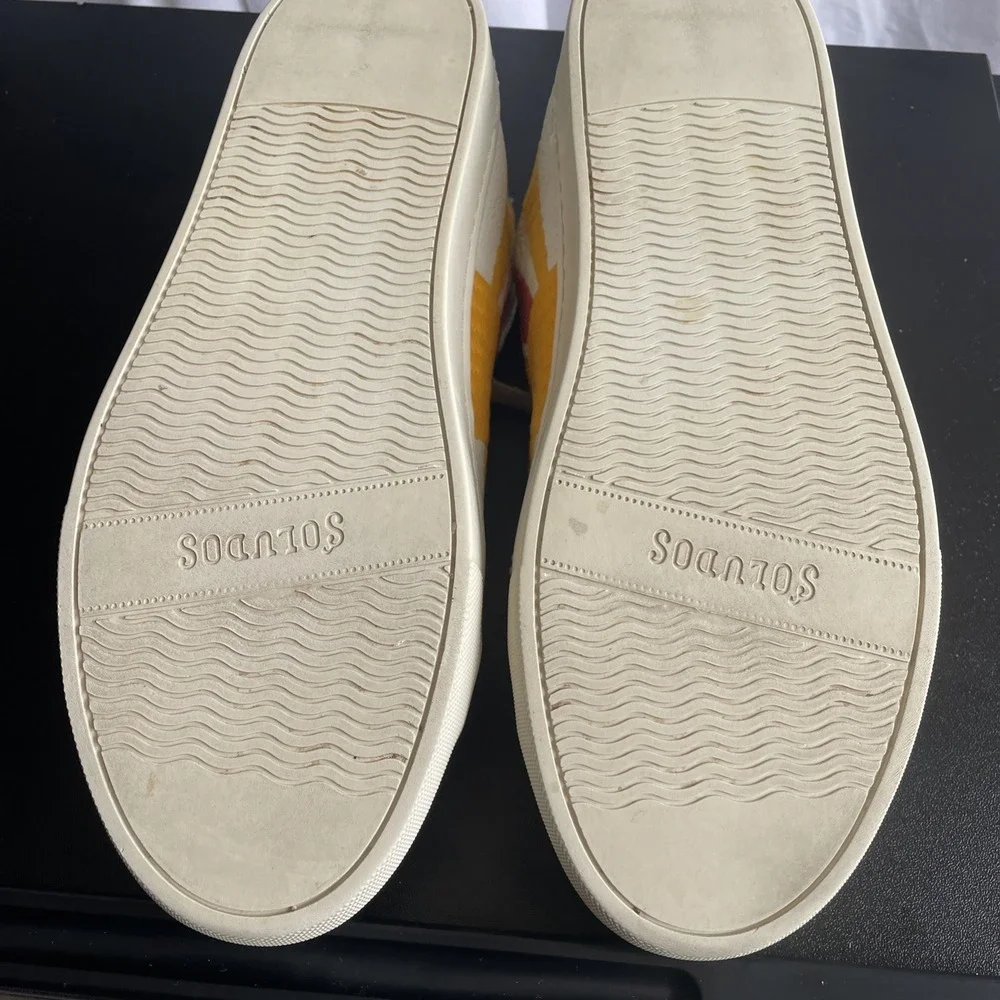 Soludos Ibiza Sz 7.5 White Leather Low Top Sneakers Rainbow Wave sun‎ Good Vibes